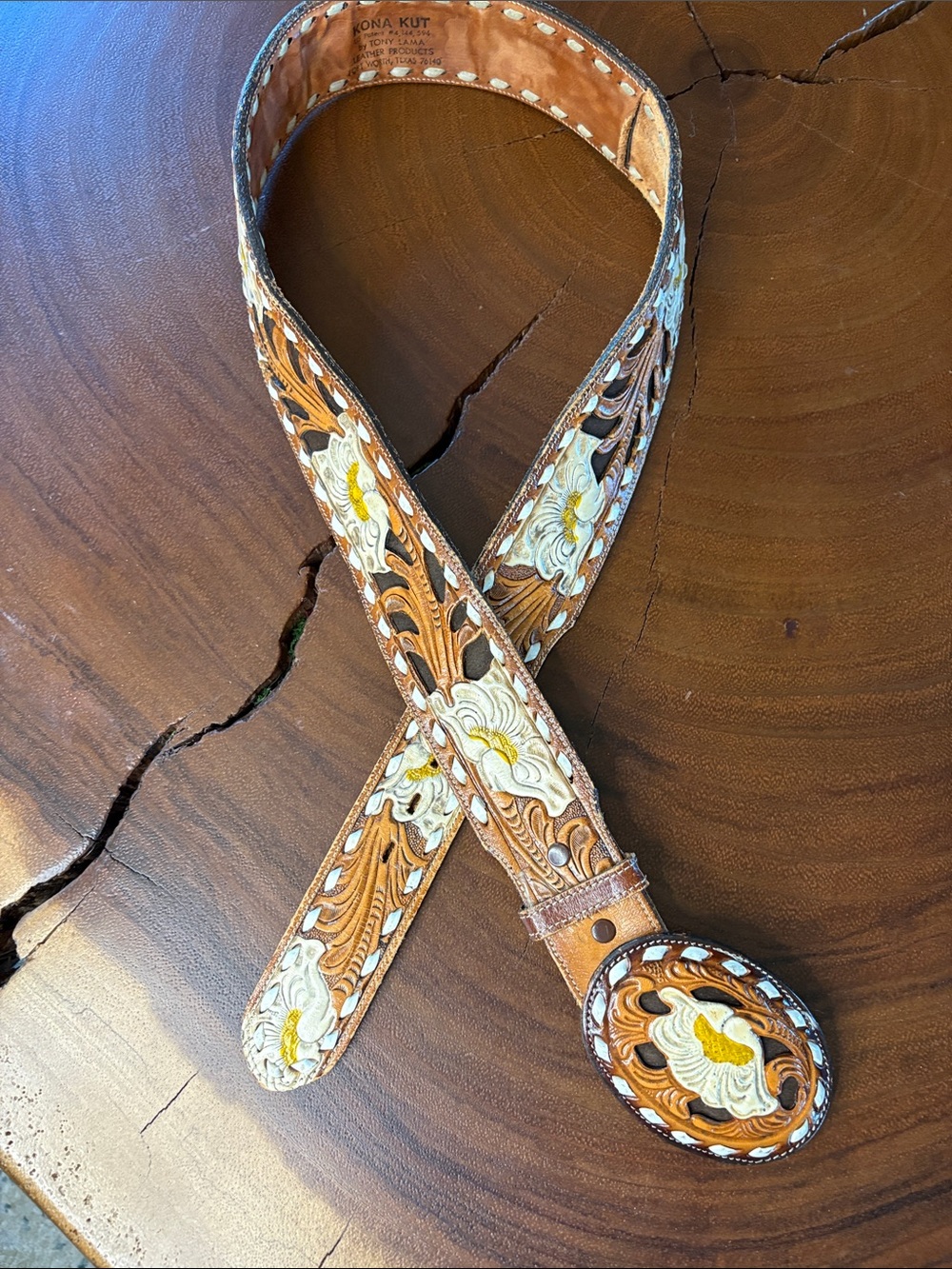 Vintage Tony Lama Tooled Leather Western Belt Floral Cutout Cowboy 34-38